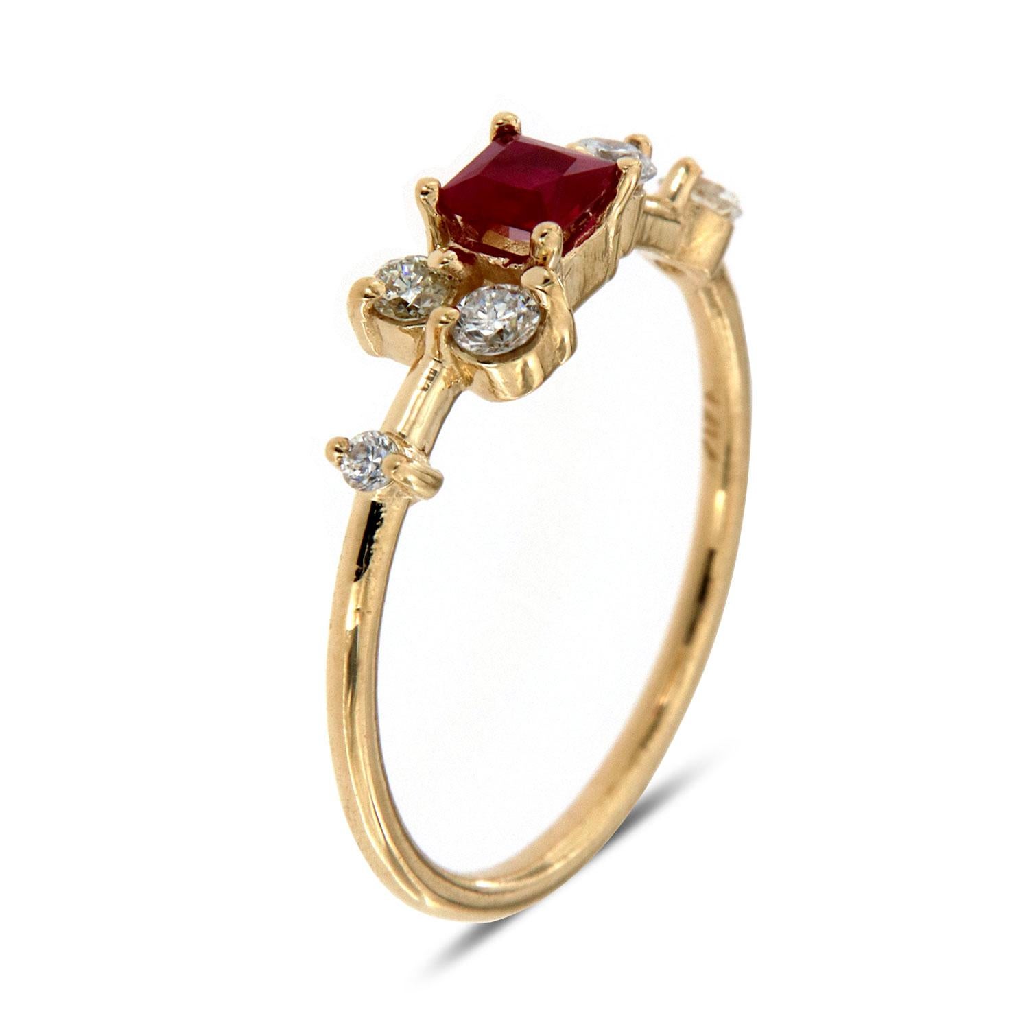 This petite ring features five (5) round brilliant diamonds scattered on top of a delicate 1.2 mm band. A perfectly square 0.27 Red Ruby is placed in the center of this organically designed ring band. Experience the difference in person!

Product