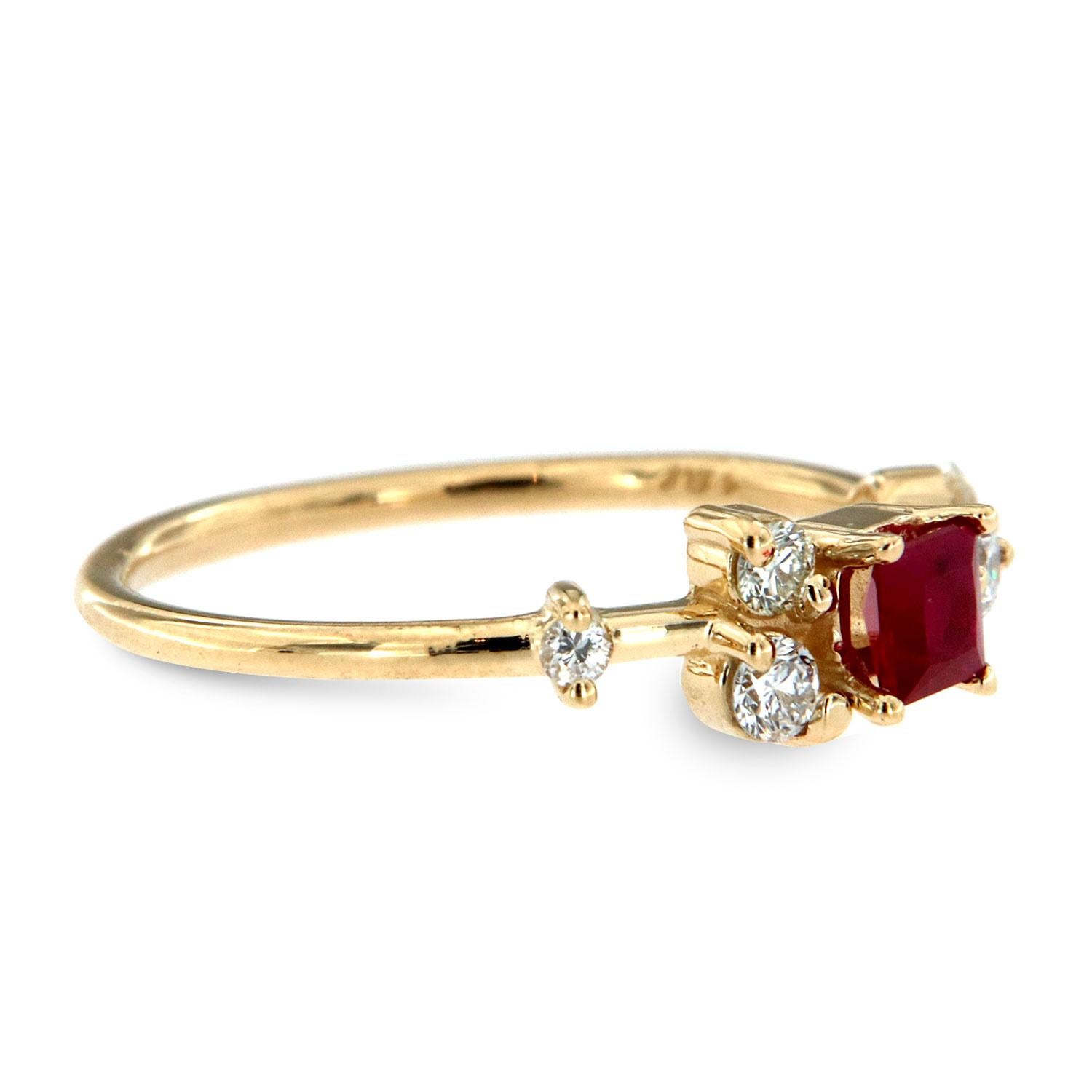 Princess Cut 14K Yellow Gold Petite Organic Red Square Ruby Diamond Ring Center 0.27 Carat For Sale