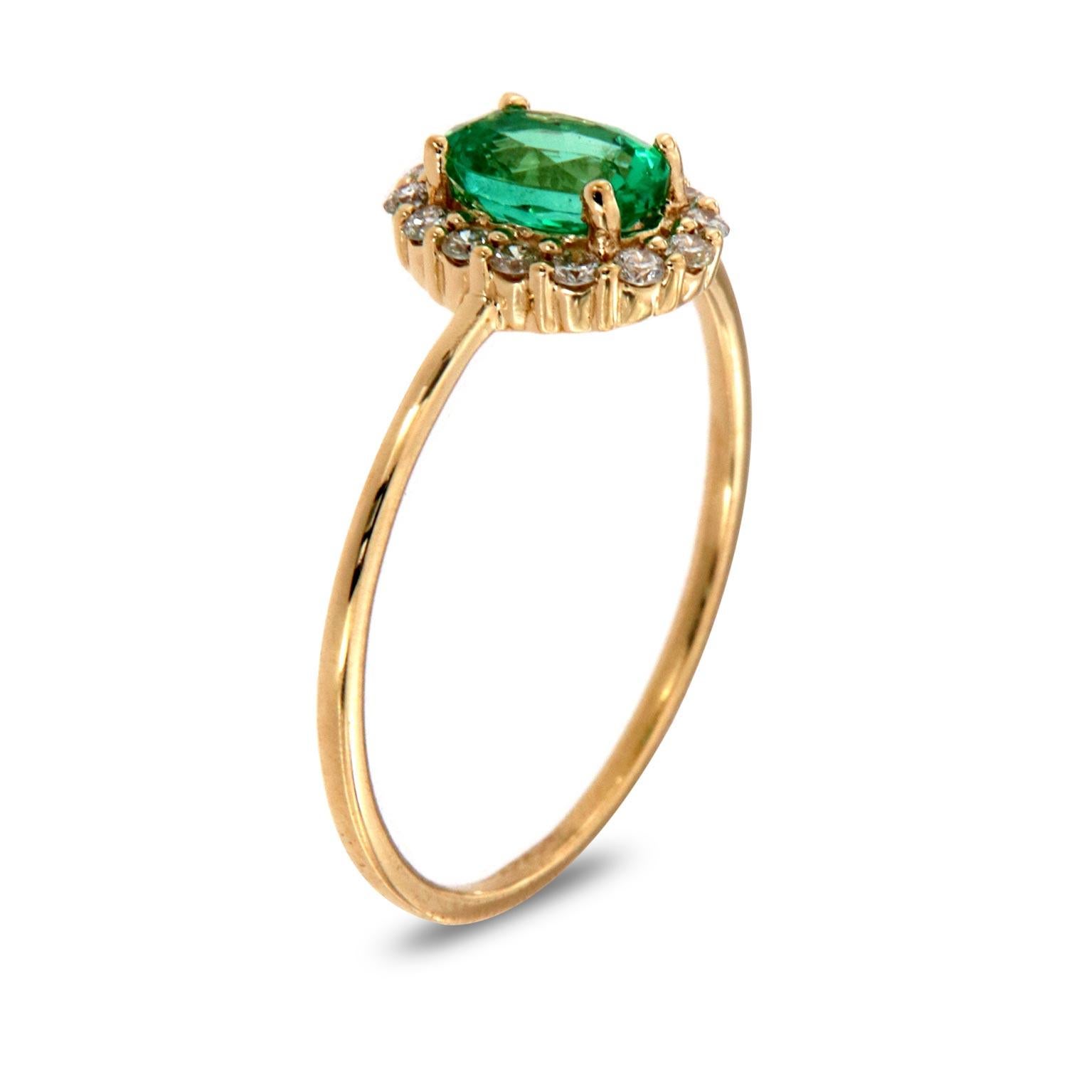 This petite Halo style ring is impressive in its vintage appeal, featuring a natural green oval emerald, accented with a halo of round brilliant diamonds. Experience the difference in person!

Product details: 

Center Gemstone Type: Emerald
Center