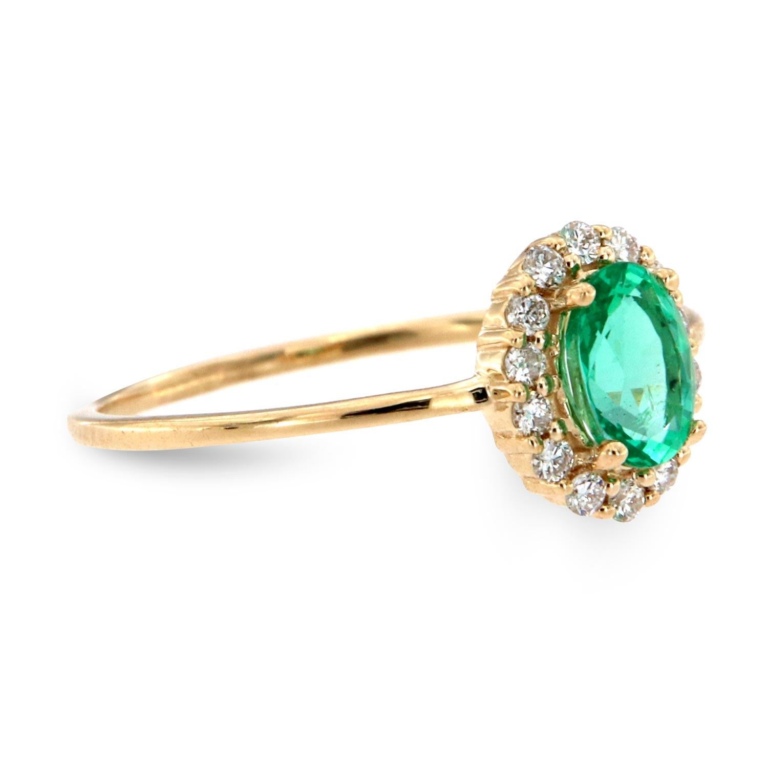 Oval Cut 14 Karat Gold Petite Oval Green Emerald Halo Diamond Ring Center, 1/2 Carat For Sale
