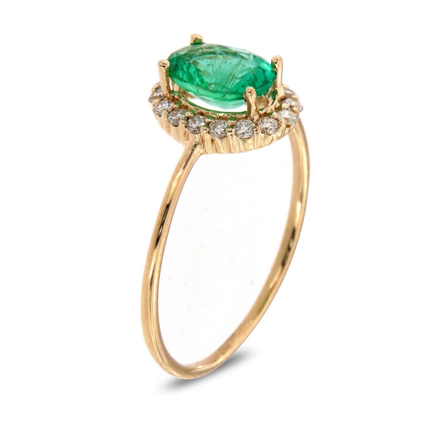 This petite Halo style ring is impressive in its vintage appeal, featuring a natural green oval emerald, accented with a halo of round brilliant diamonds. Experience the difference in person!

Product details: 

Center Gemstone Type: Emerald
Center