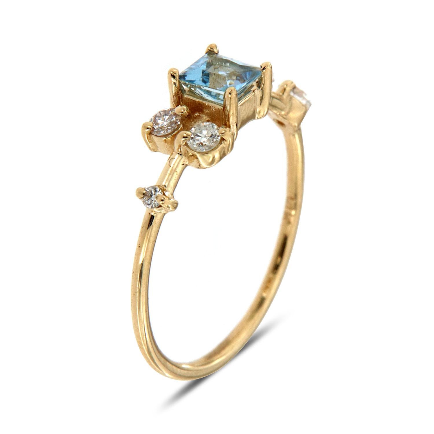 This petite ring features five (5) round brilliant diamonds scattered on top of a delicate 1.2 mm band. A perfectly square 0.28 Teal Color Sapphire is placed in the center of this organically designed ring band. Experience the difference in