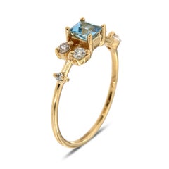 14 Karat Gold Petite Teal Princess Sapphire Diamond Ring Center 0.28 Carat