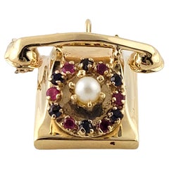 Vintage 14K Yellow Gold Phone Charm with Pearl and Blue & Pink Faceted Stones