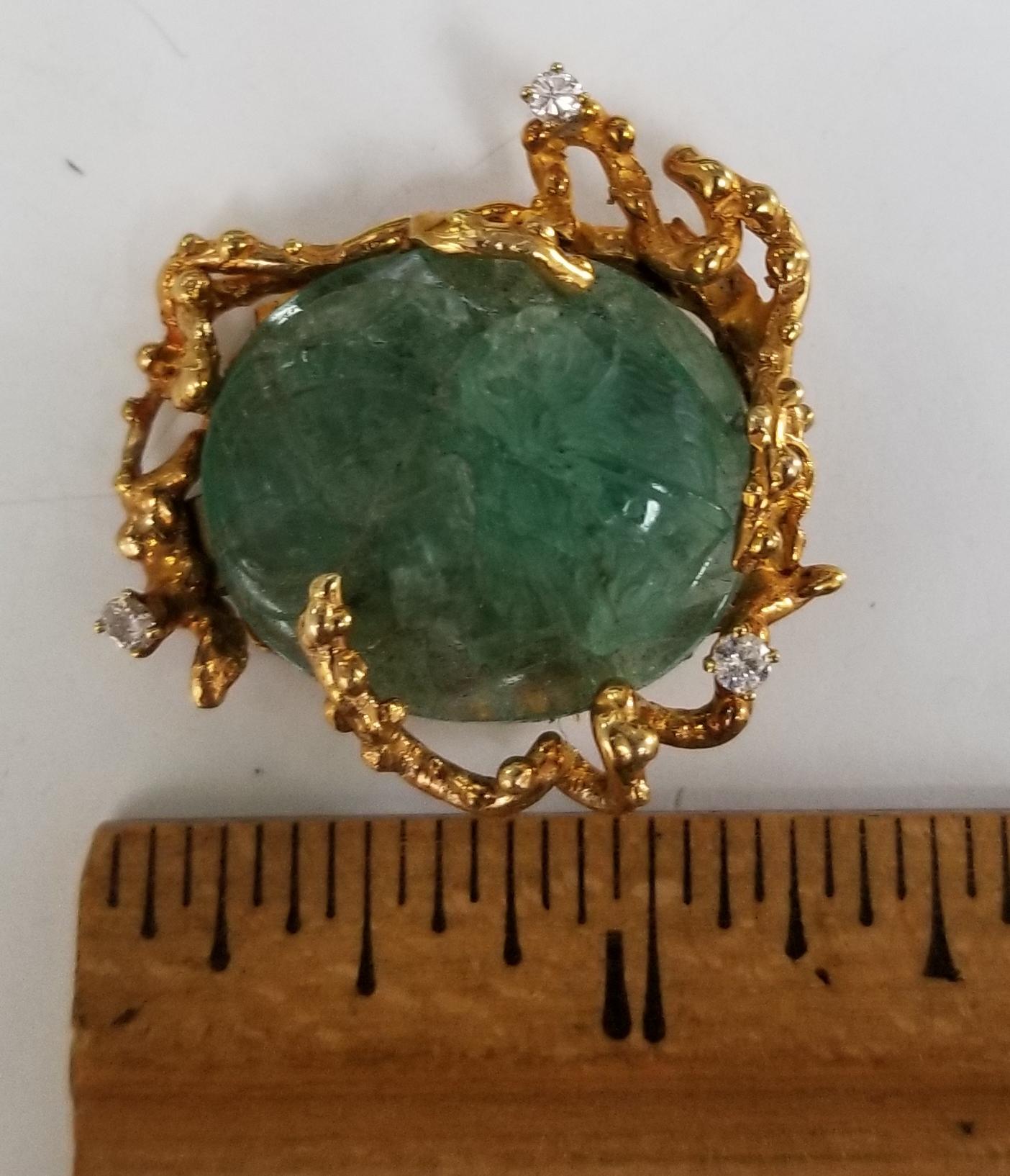 14 Karat Yellow Gold Pin/Pendant with a Hand Carved Emerald with Diamonds In New Condition In Los Angeles, CA