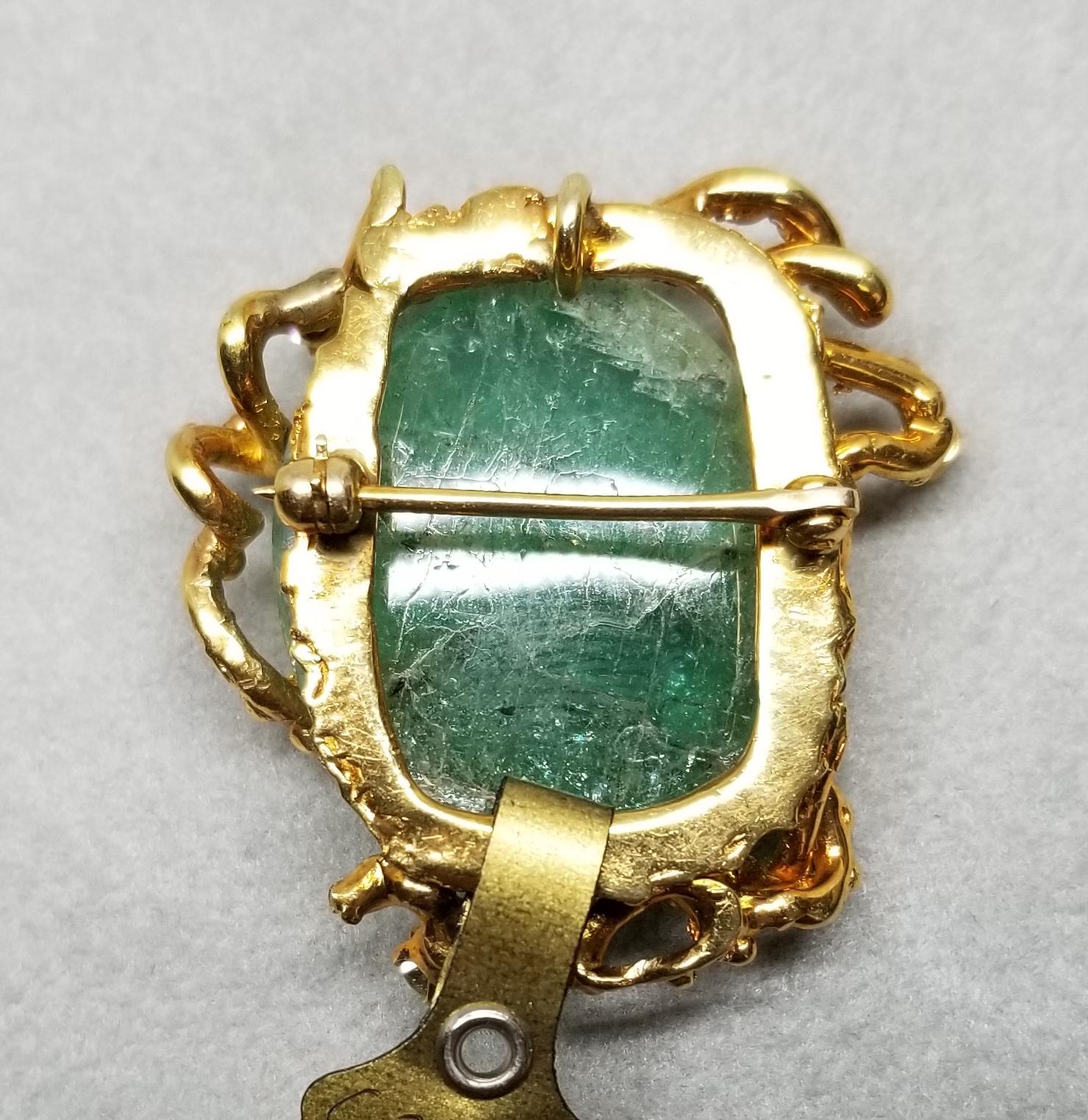 Women's or Men's 14 Karat Yellow Gold Pin/Pendant with a Hand Carved Emerald with Diamonds