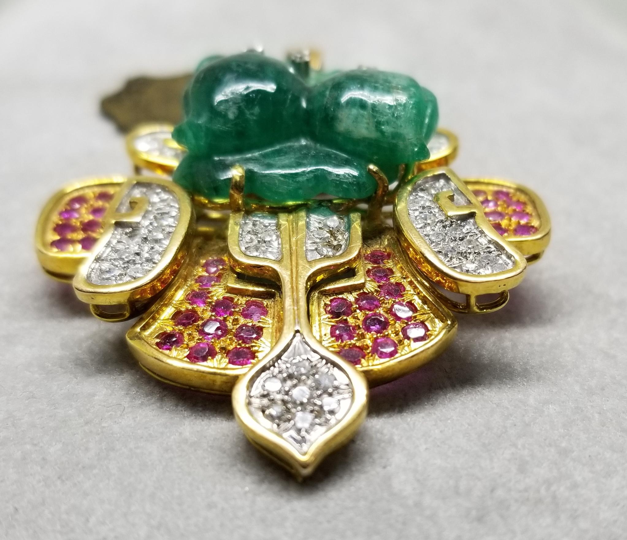 Contemporary 14 Karat Yellow Gold Pin/Pendant with Hand Craved Emerald, Diamonds and Rubies For Sale