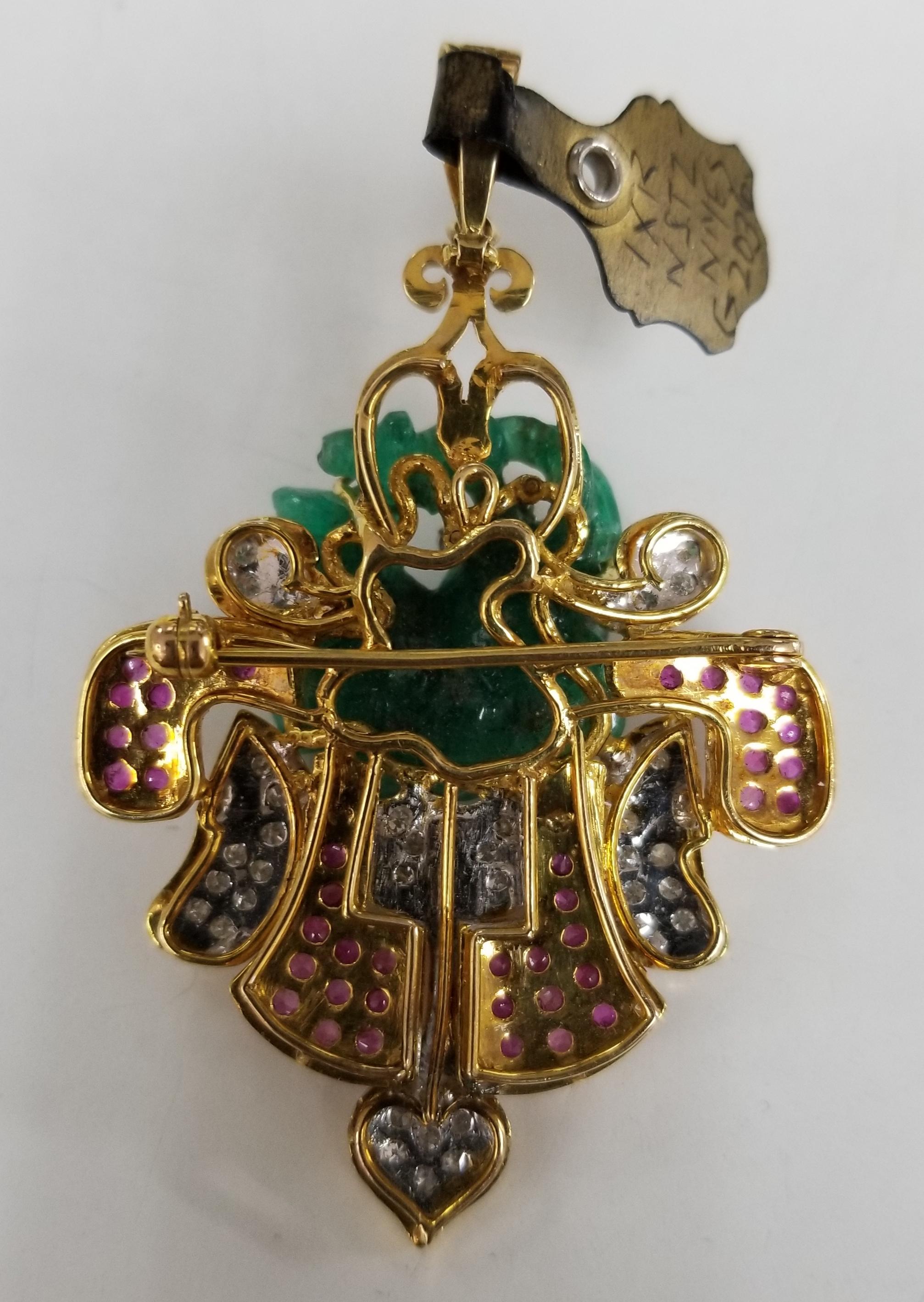 Round Cut 14 Karat Yellow Gold Pin/Pendant with Hand Craved Emerald, Diamonds and Rubies For Sale