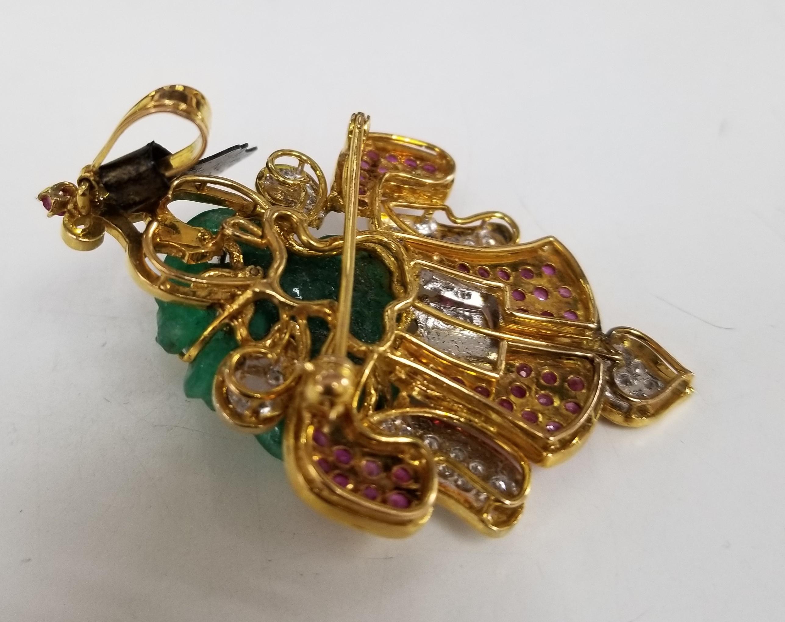 14 Karat Yellow Gold Pin/Pendant with Hand Craved Emerald, Diamonds and Rubies In New Condition For Sale In Los Angeles, CA
