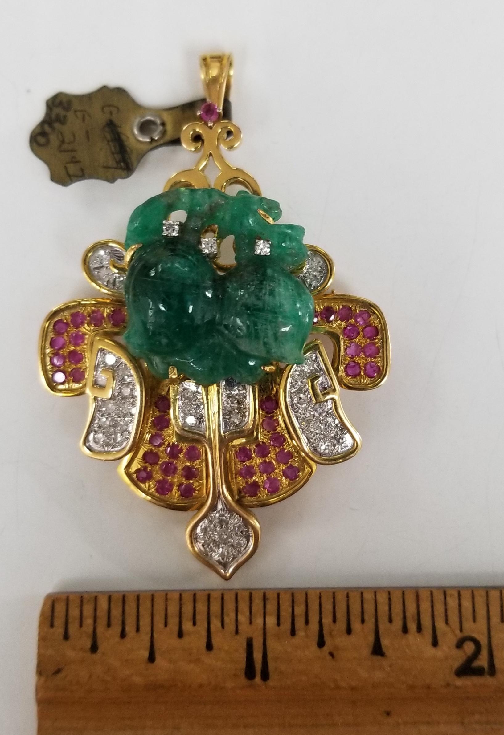 Women's or Men's 14 Karat Yellow Gold Pin/Pendant with Hand Craved Emerald, Diamonds and Rubies For Sale