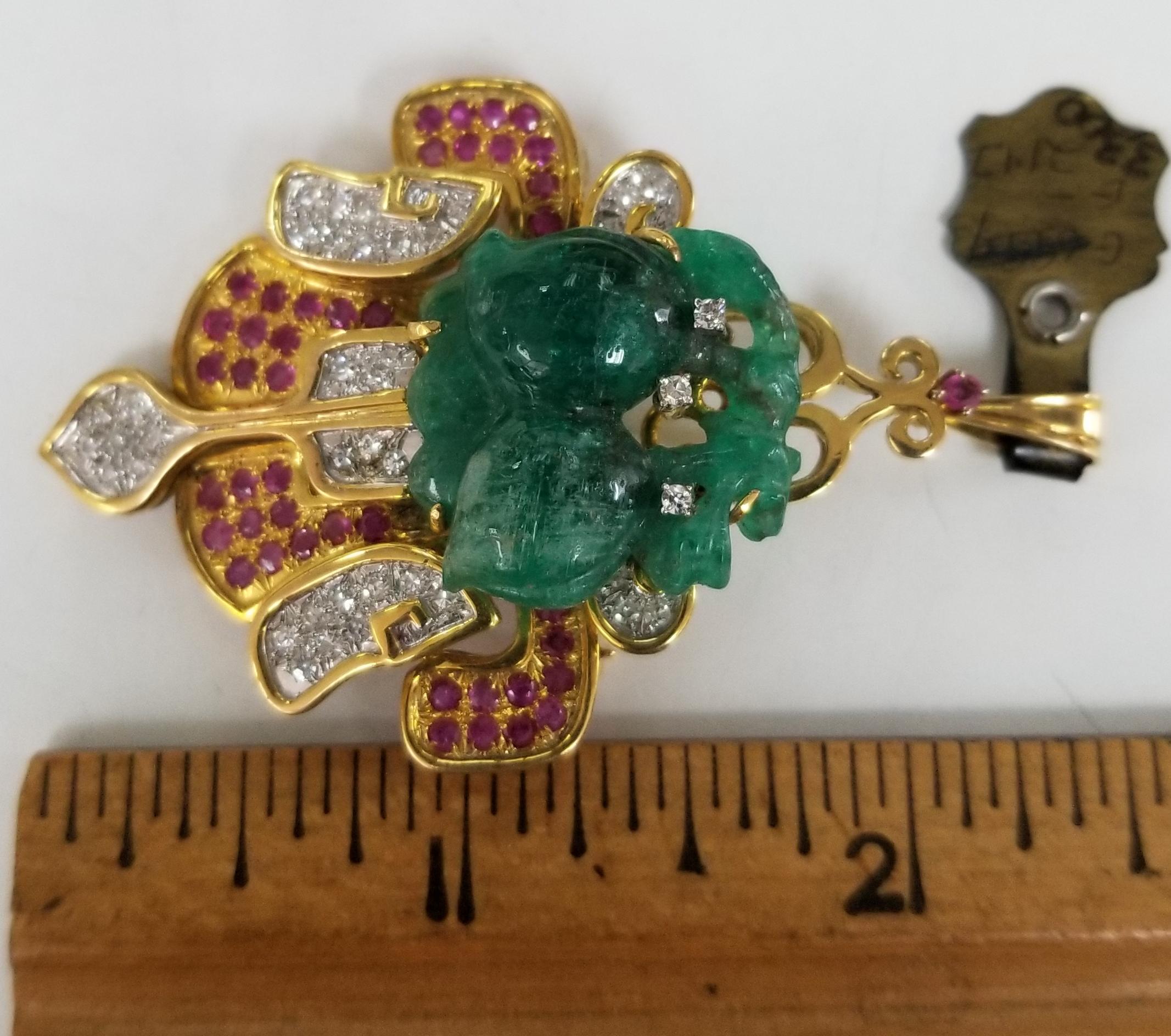 14 Karat Yellow Gold Pin/Pendant with Hand Craved Emerald, Diamonds and Rubies For Sale 1