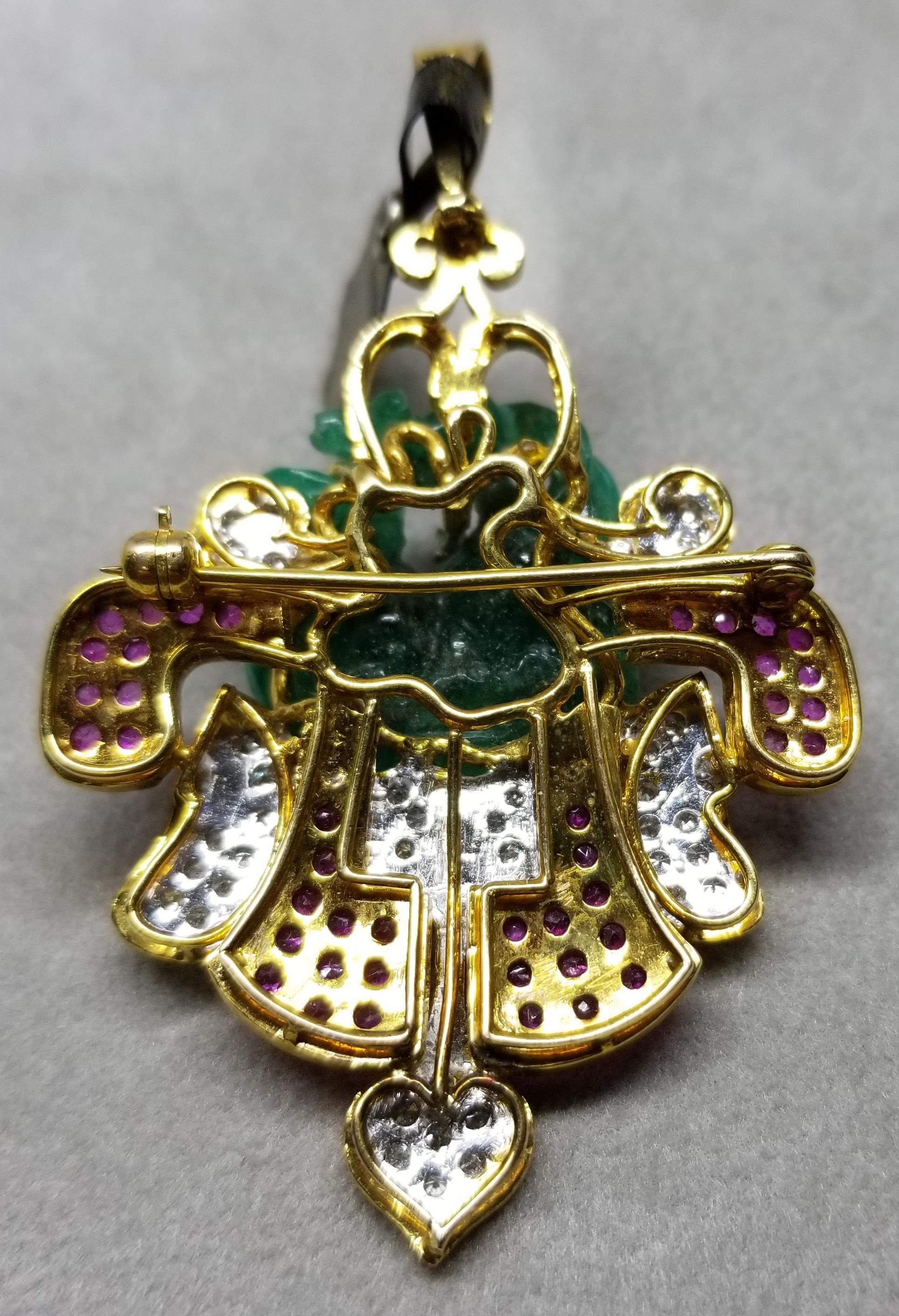 14 Karat Yellow Gold Pin/Pendant with Hand Craved Emerald, Diamonds and Rubies For Sale 2