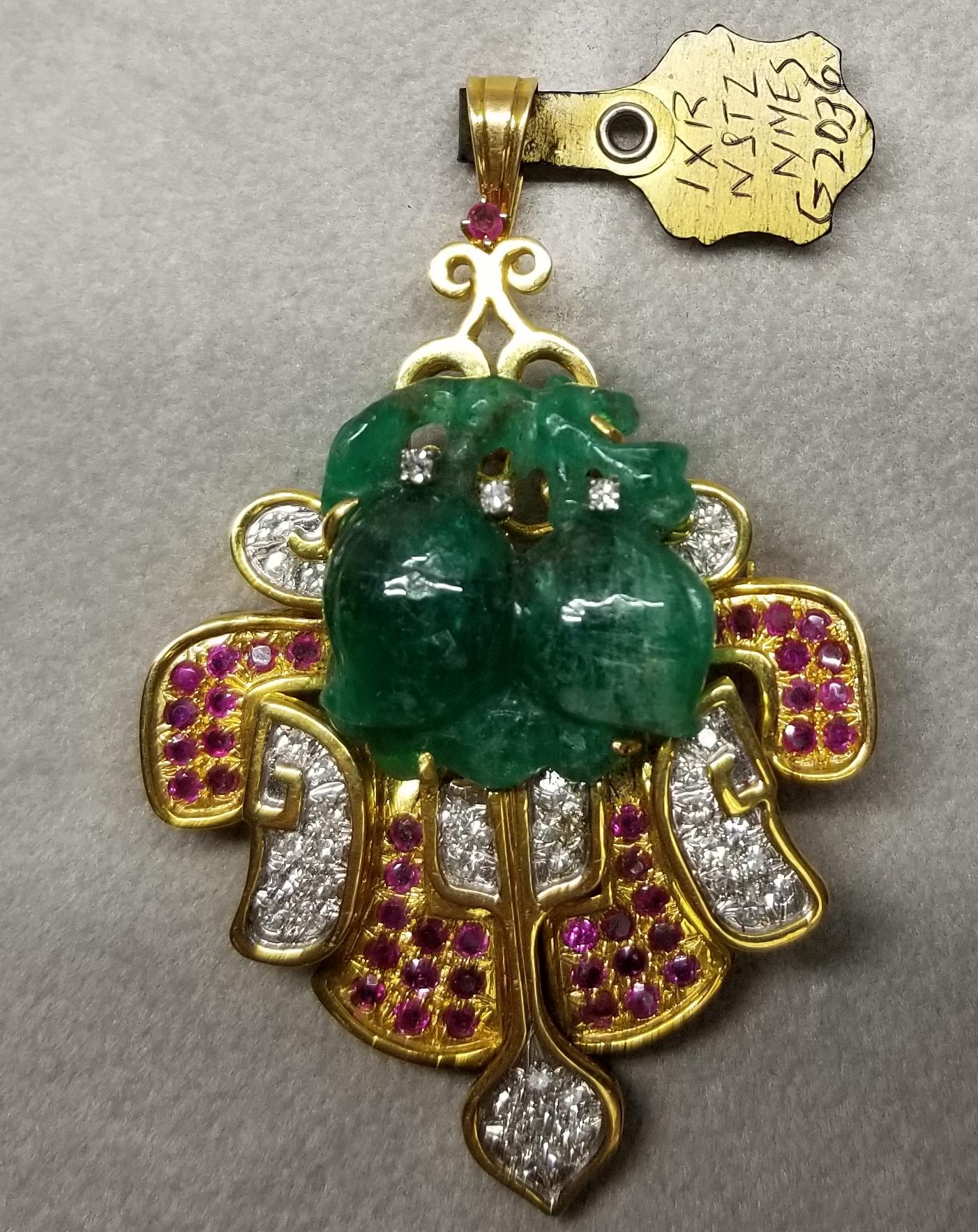 14 Karat Yellow Gold Pin/Pendant with Hand Craved Emerald, Diamonds and Rubies For Sale 3