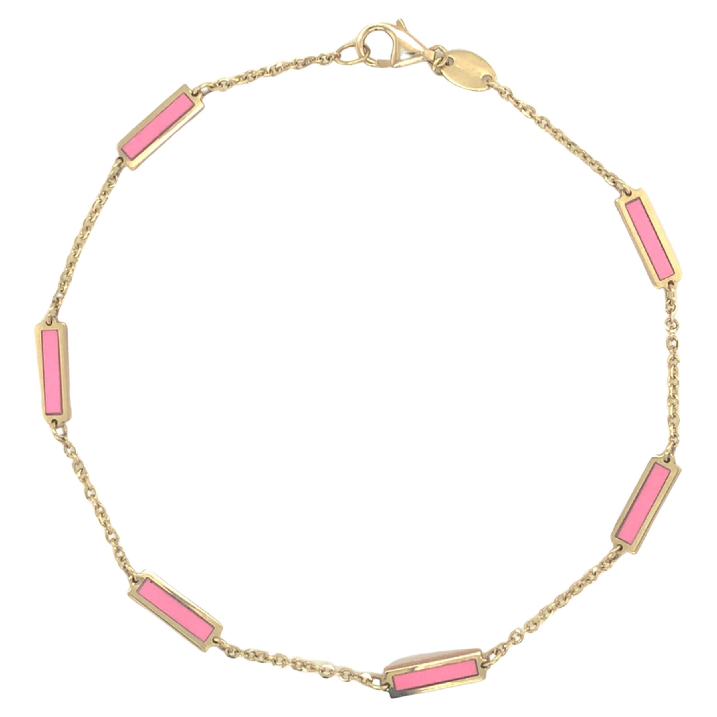 14k Yellow Gold & Pink Agate Inlay Station Bar Bracelet For Sale