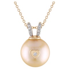 Collier en forme de lapin en or jaune 14 carats avec perle Akoya rose et diamants en forme de cœur