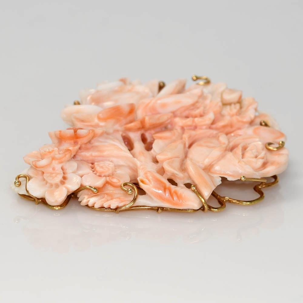 Rose Cut 14K Yellow Gold Pink Coral Brooch, 26g