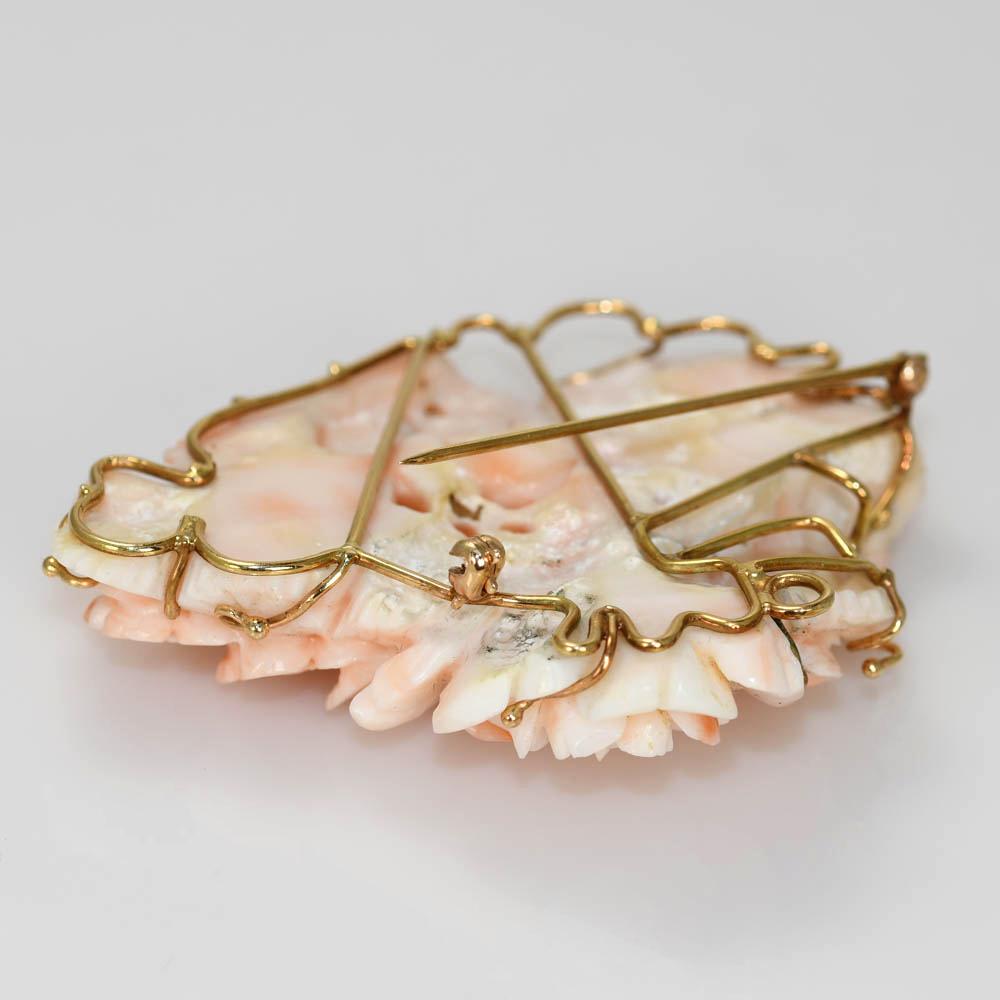 Women's 14K Yellow Gold Pink Coral Brooch, 26g