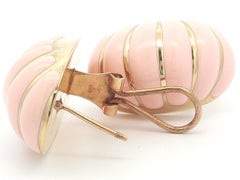 14k Yellow Gold Pink Enamel Long Puffed Shrimp Banded Drop Earrings