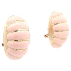 14k Yellow Gold Pink Enamel Long Puffed Shrimp Banded Drop Earrings