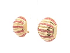 14k Yellow Gold Pink Enamel Wide Puffed Shrimp Banded Earrings