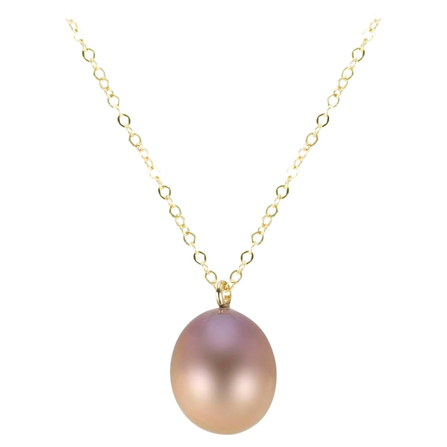 14k Yellow Gold Pink Freshwater Teardrop Shaped Pearl Drop Pendant For Sale