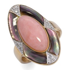 14k Yellow Gold Pink Jade Diamond Mother of Pearl Inlay Ring