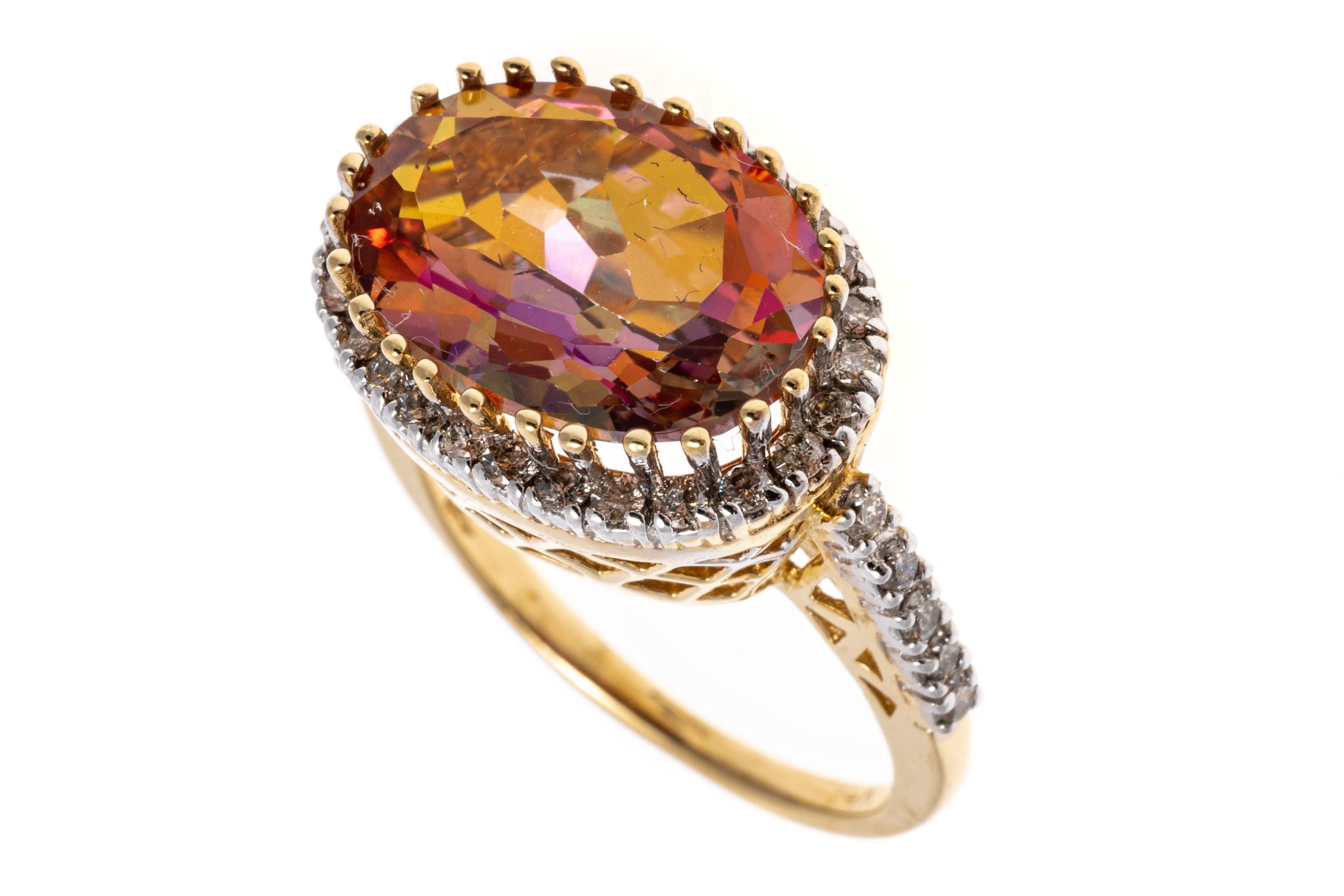 14k Yellow Gold Pink Mystic Topaz and Diamond Ring, 0.40 TCW In Good Condition For Sale In Fairfield, CT