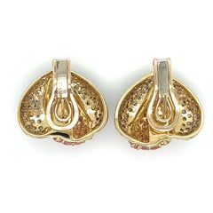 14k Yellow Gold Pink Sapphire and Diamond Cluster Heart Motif Clip on Earrings