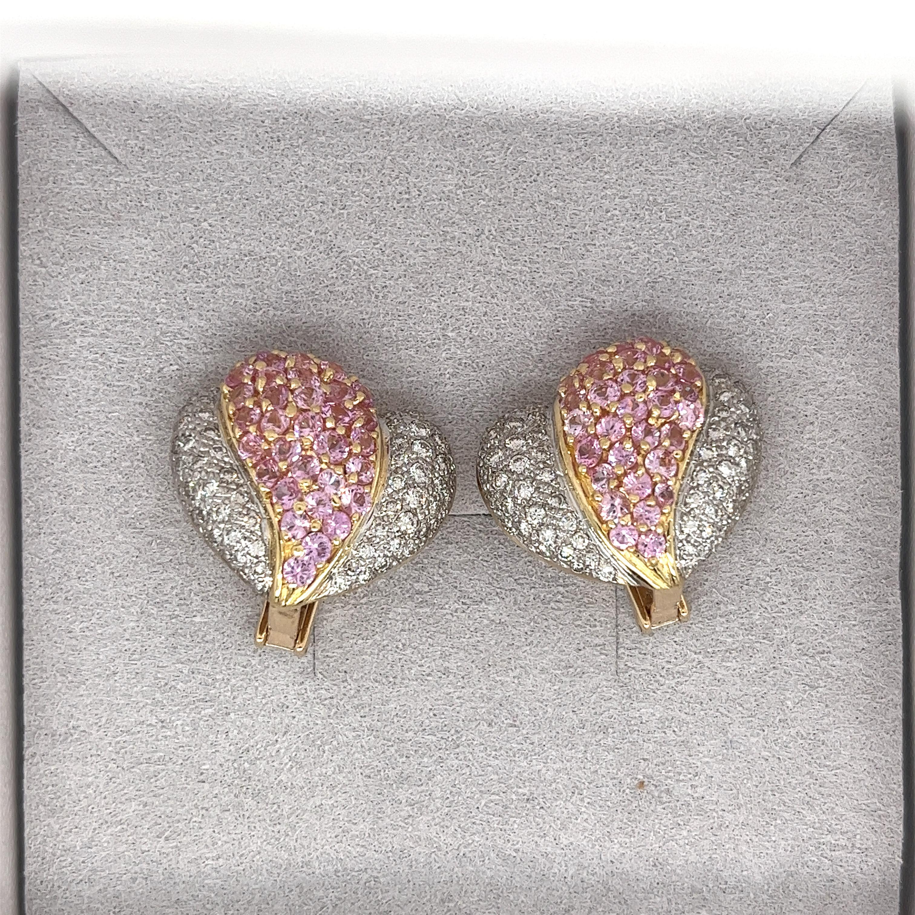 14k Yellow Gold Pink Sapphire and Diamond Cluster Heart Motif Clip on Earrings In New Condition For Sale In Miami, FL