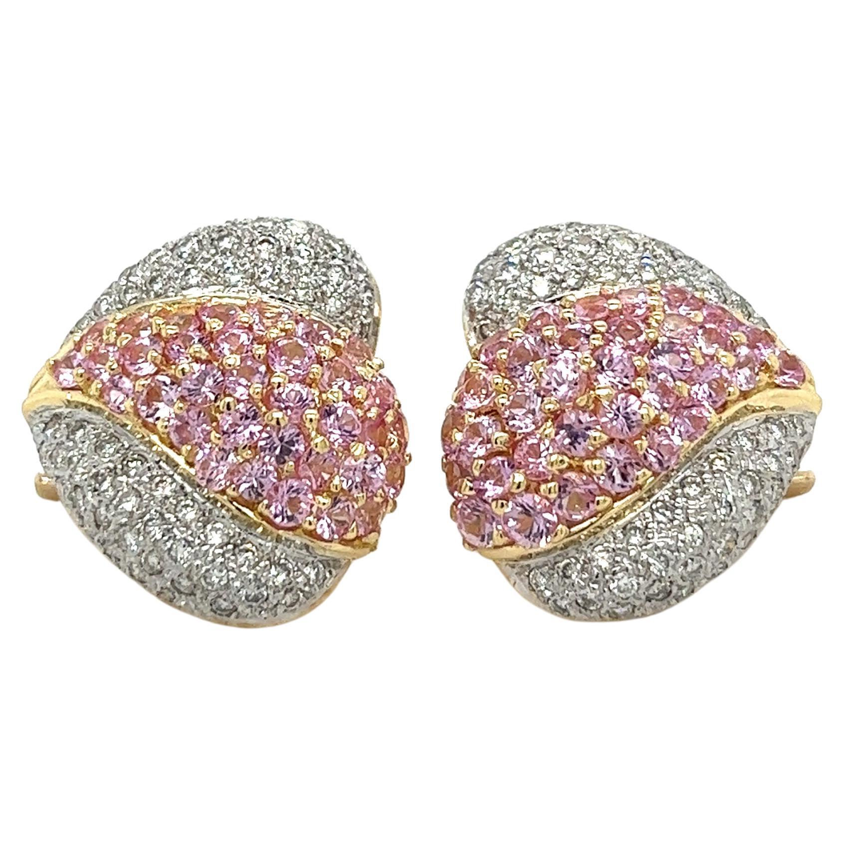 14k Yellow Gold Pink Sapphire and Diamond Cluster Heart Motif Clip on Earrings For Sale