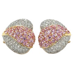 14k Yellow Gold Pink Sapphire and Diamond Cluster Heart Motif Clip on Earrings