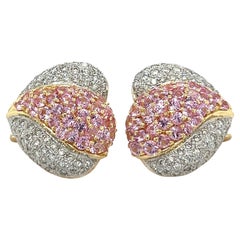 14k Gelbgold Rosa Saphir und Diamant Cluster Herz-Motiv Clip-Ohrringe