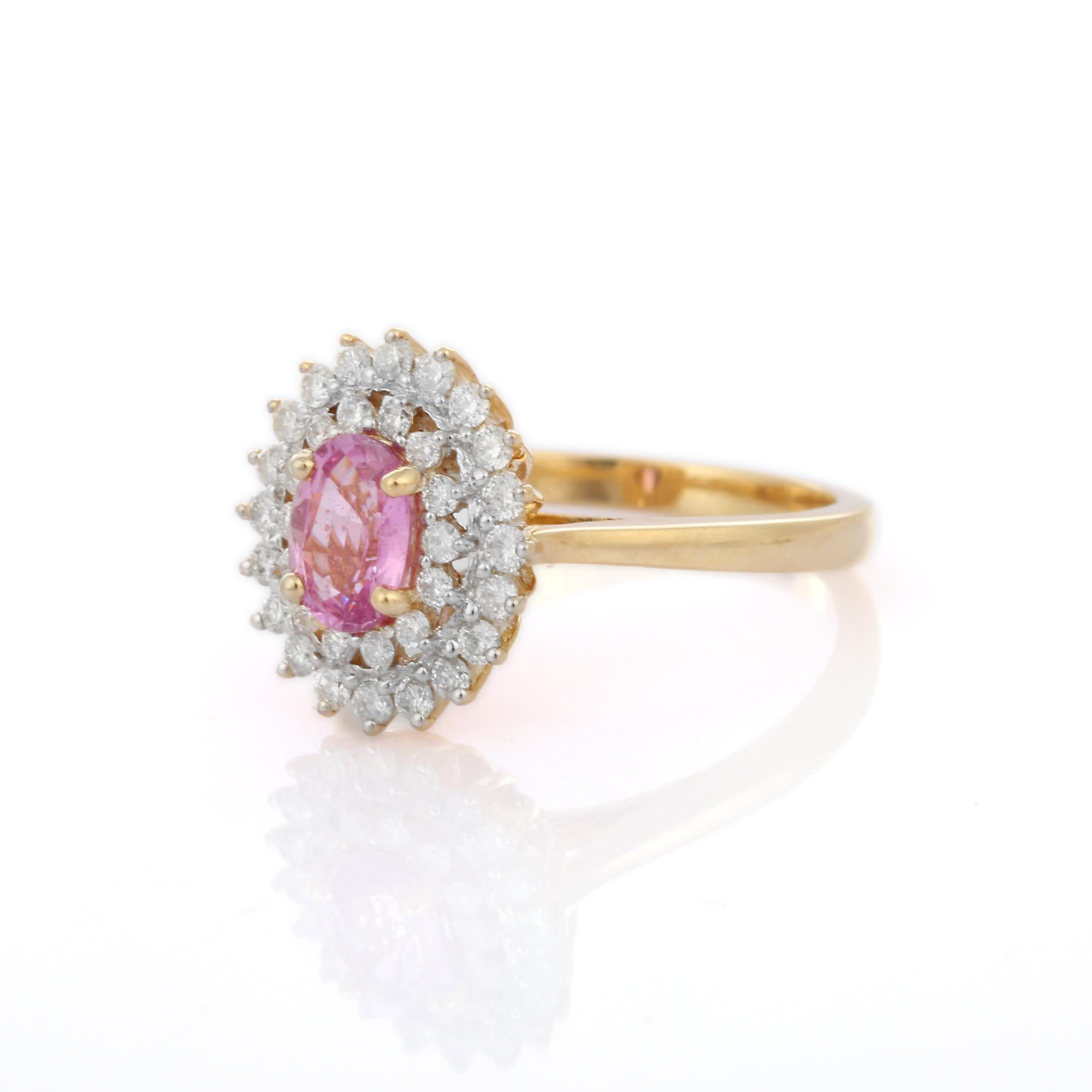 For Sale:  14K Yellow Gold Pink Sapphire Diamond Halo Engagement Ring 3