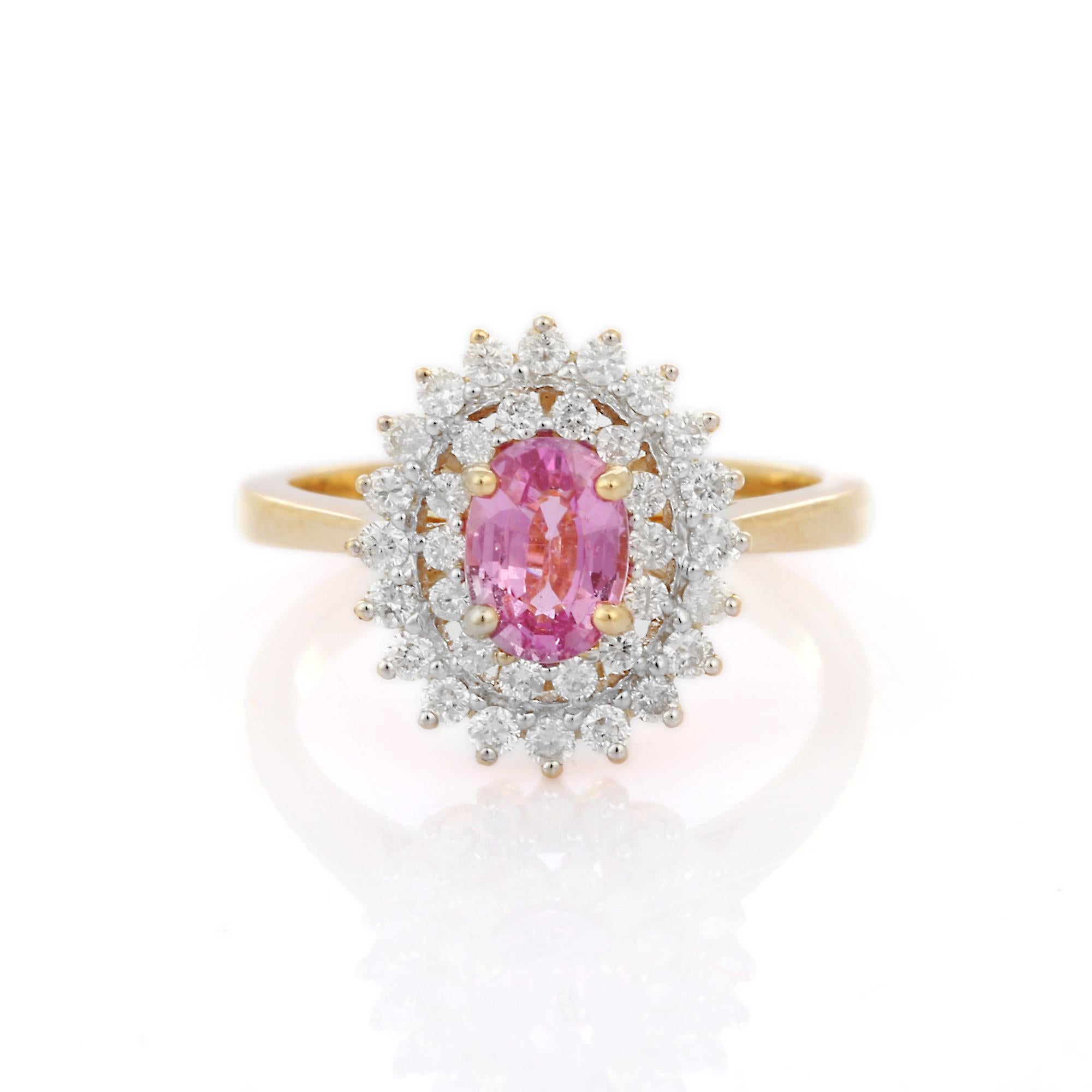 For Sale:  14K Yellow Gold Pink Sapphire Diamond Halo Engagement Ring 5