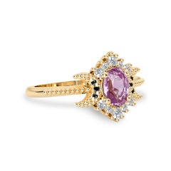 14k Yellow Gold Pink Sapphire Diamond Moon Halo Engagement Ring, Milgrain