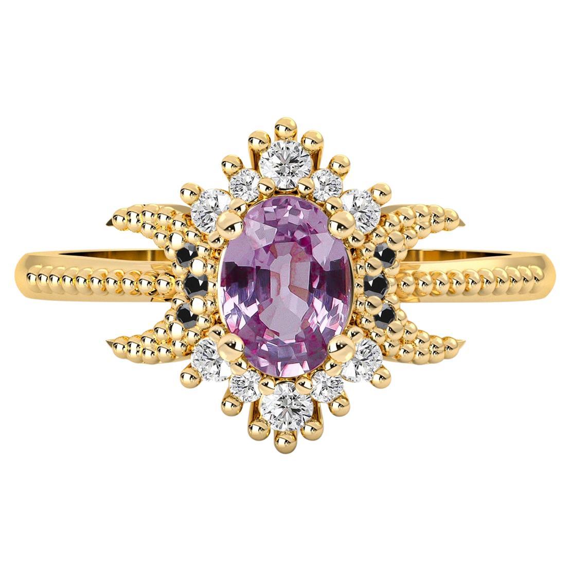 14k Yellow Gold Pink Sapphire Diamond Moon Halo Engagement Ring, Milgrain