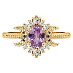 14k Yellow Gold Pink Sapphire Diamond Moon Halo Engagement Ring, Milgrain