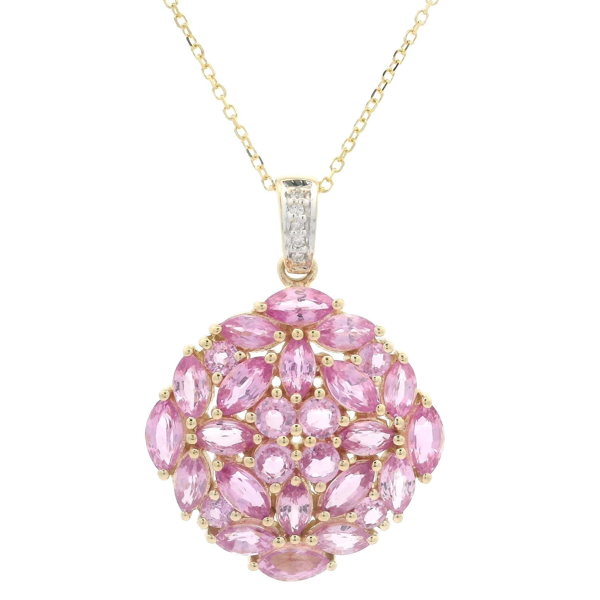 Taille Marquise Pendentif de style mosaïque en or jaune 14 carats, saphir rose et diamants sur maillon de câble de 18 pouces en vente