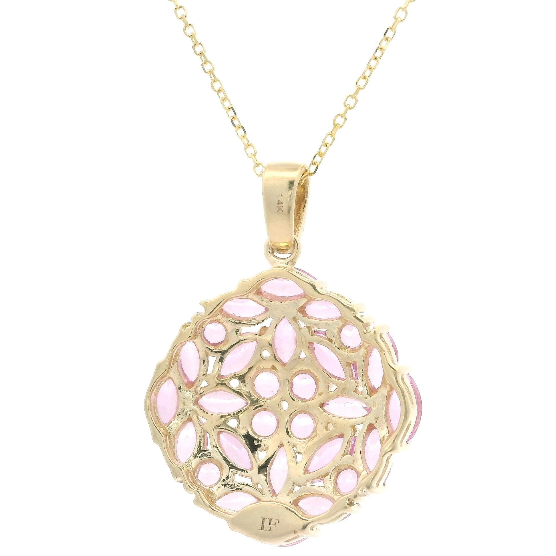 Pendentif de style mosaïque en or jaune 14 carats, saphir rose et diamants sur maillon de câble de 18 pouces Pour femmes en vente