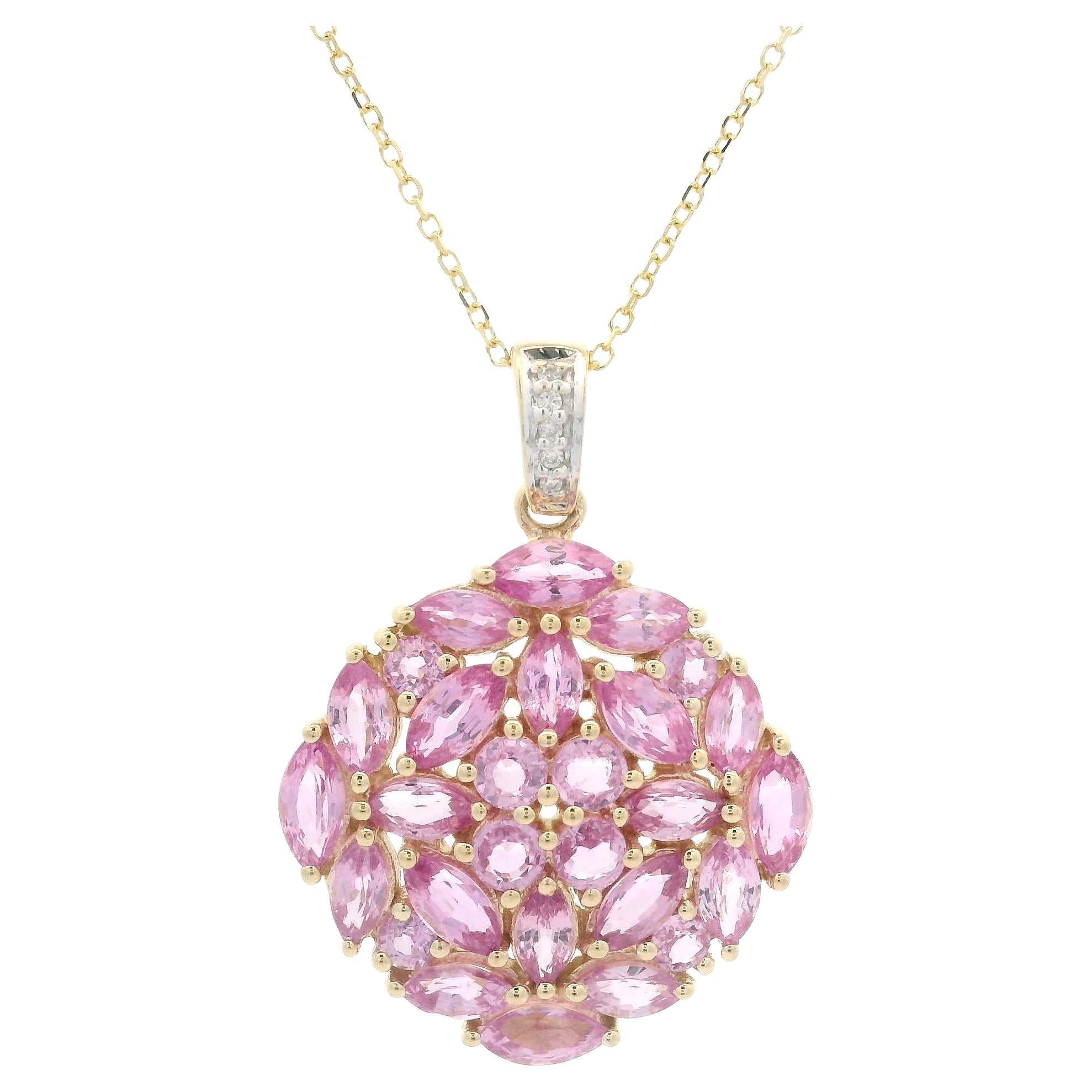 Pendentif de style mosaïque en or jaune 14 carats, saphir rose et diamants sur maillon de câble de 18 pouces en vente