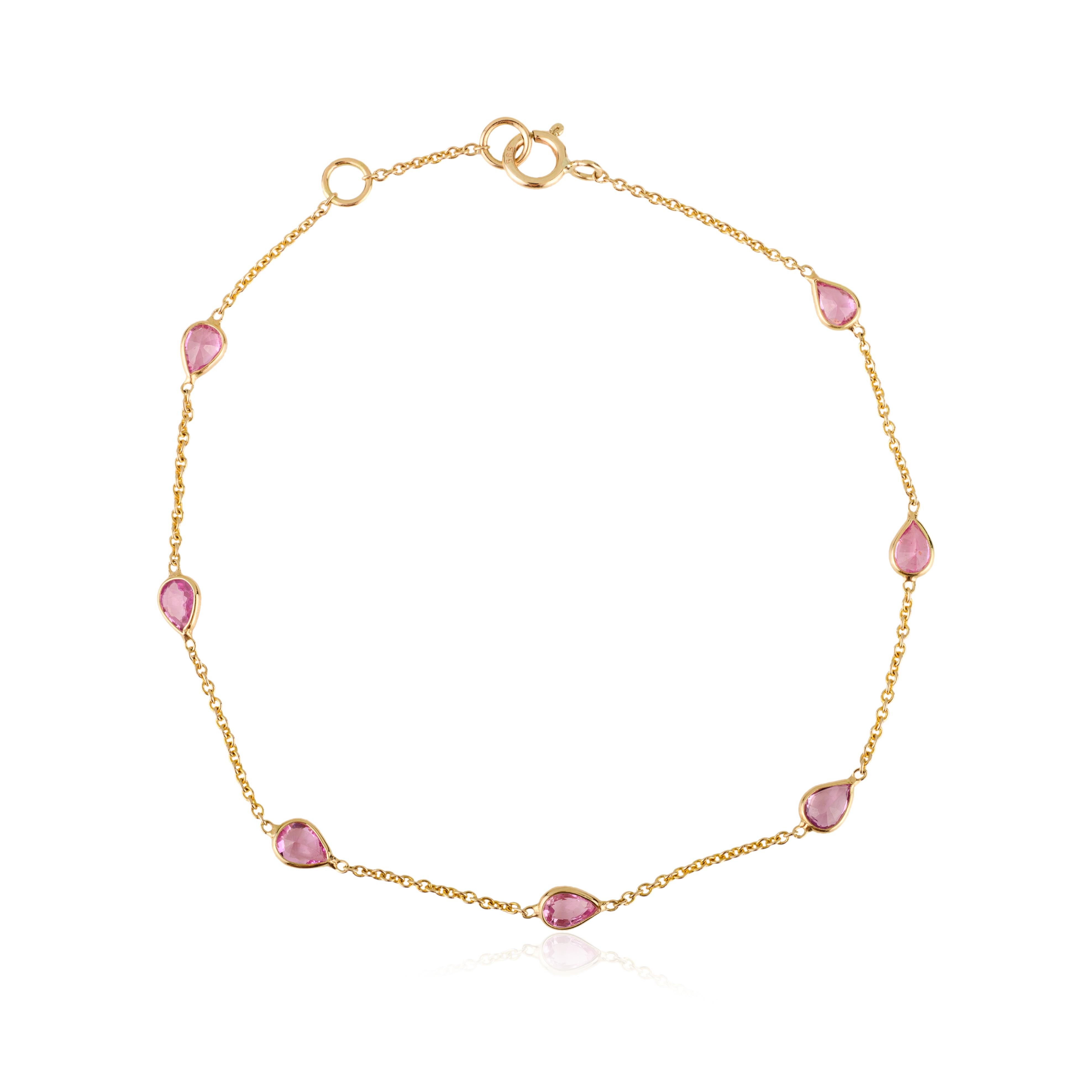 Moderno Bracciale a catena in oro giallo 14K con zaffiro rosa taglio pera Gioielli fatti a mano in vendita