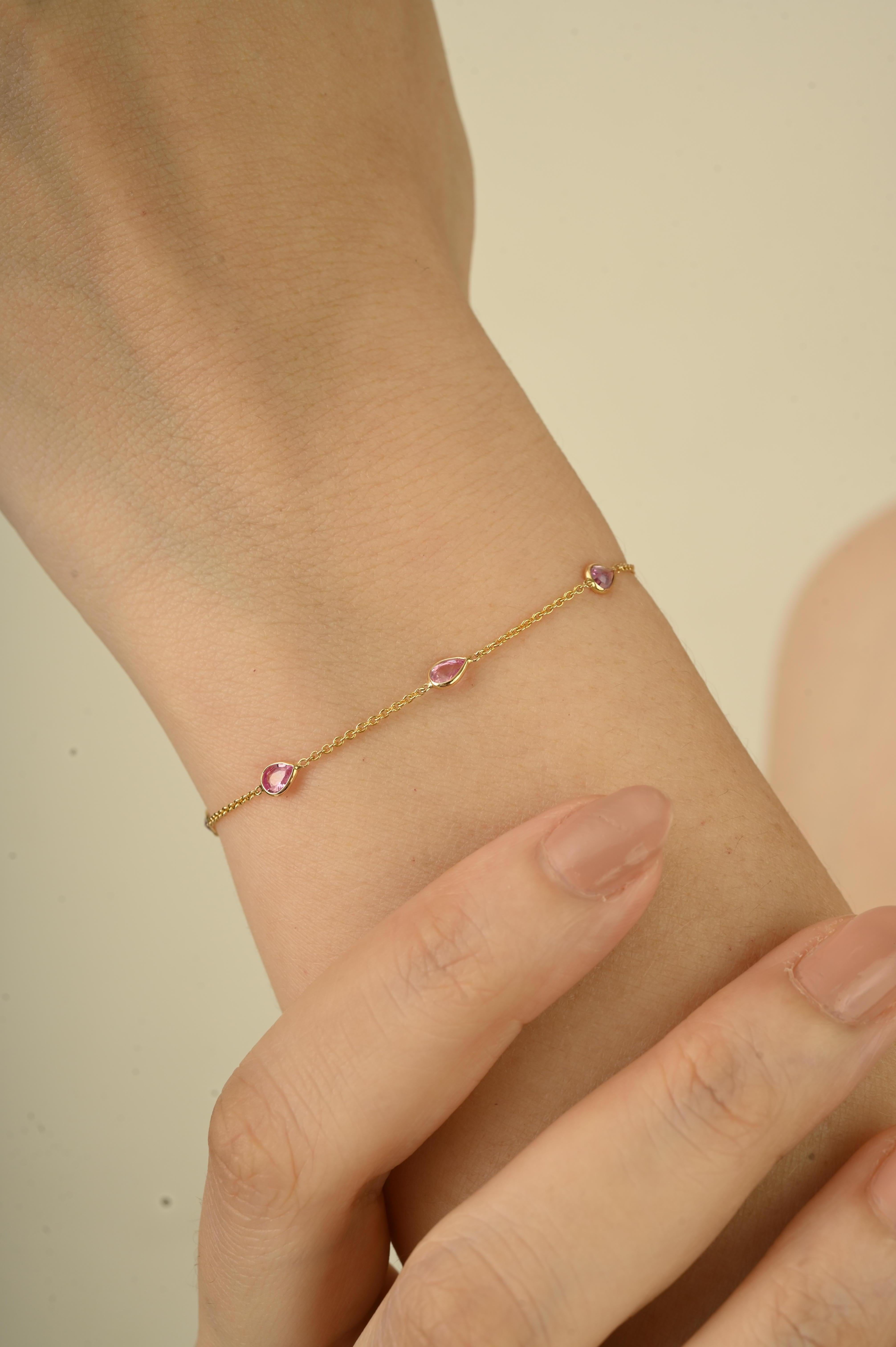 Taglio a goccia Bracciale a catena in oro giallo 14K con zaffiro rosa taglio pera Gioielli fatti a mano in vendita