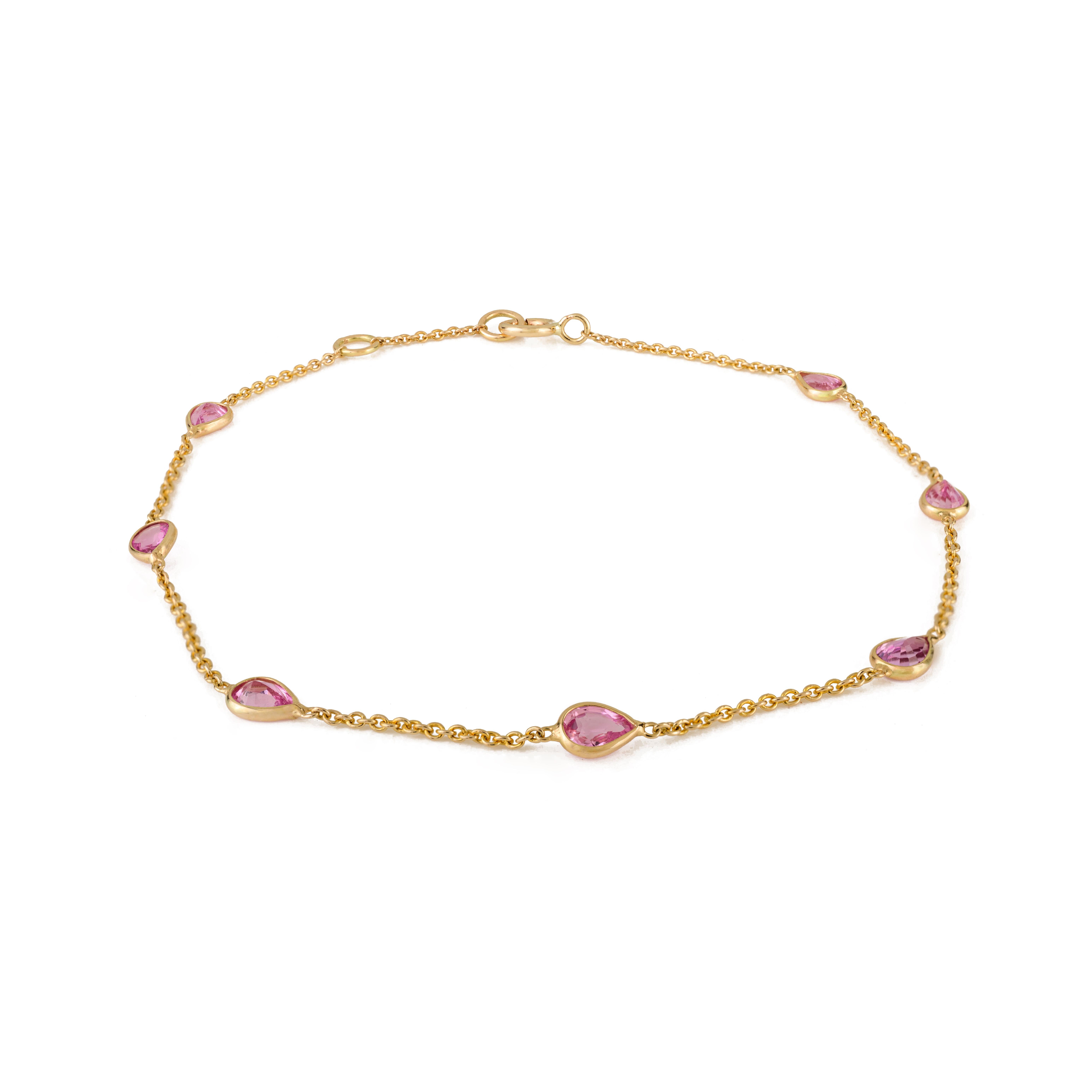 Bracciale a catena in oro giallo 14K con zaffiro rosa taglio pera Gioielli fatti a mano In condizioni Nuovo in vendita a New York, NY