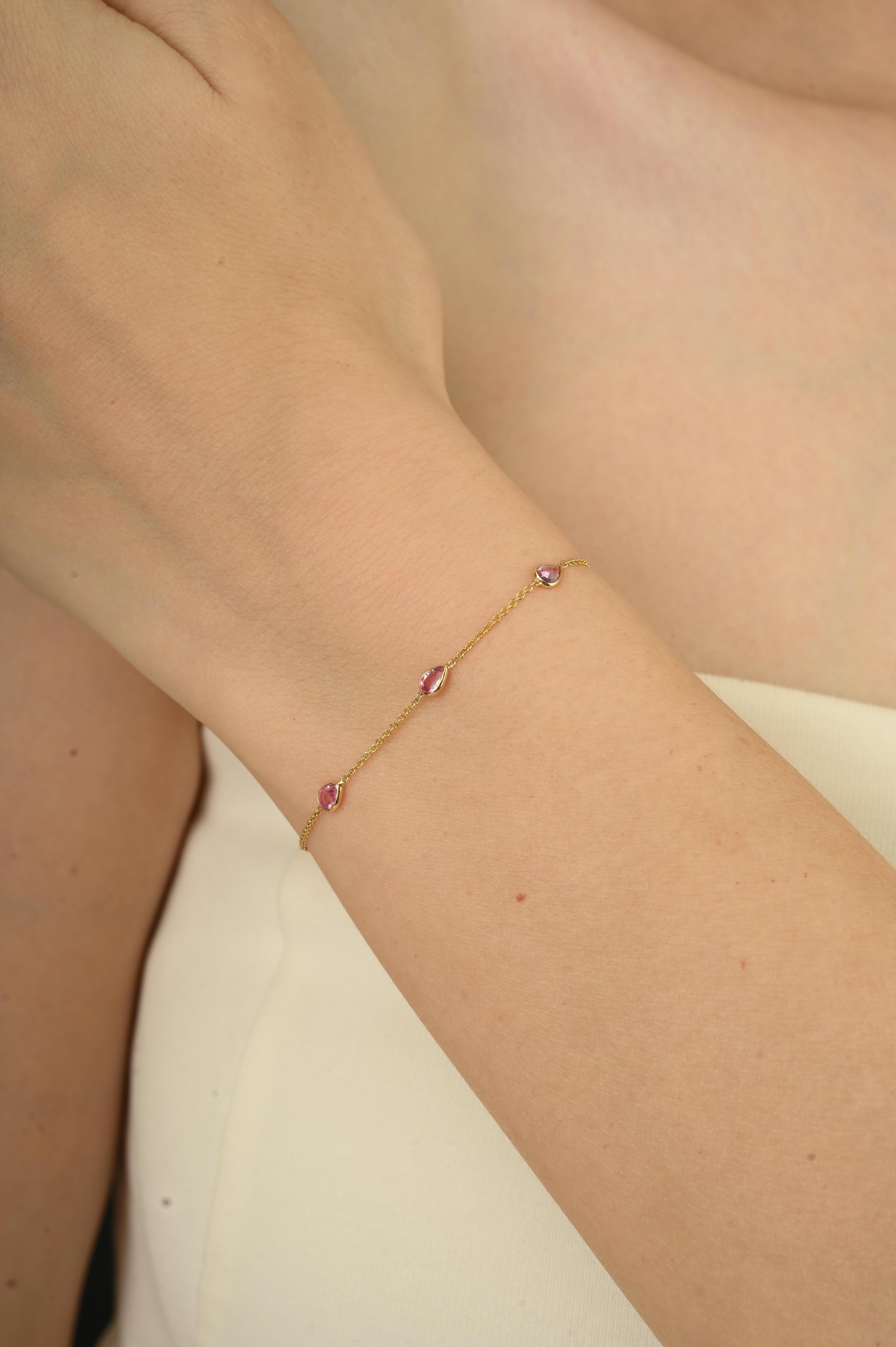 Donna Bracciale a catena in oro giallo 14K con zaffiro rosa taglio pera Gioielli fatti a mano in vendita