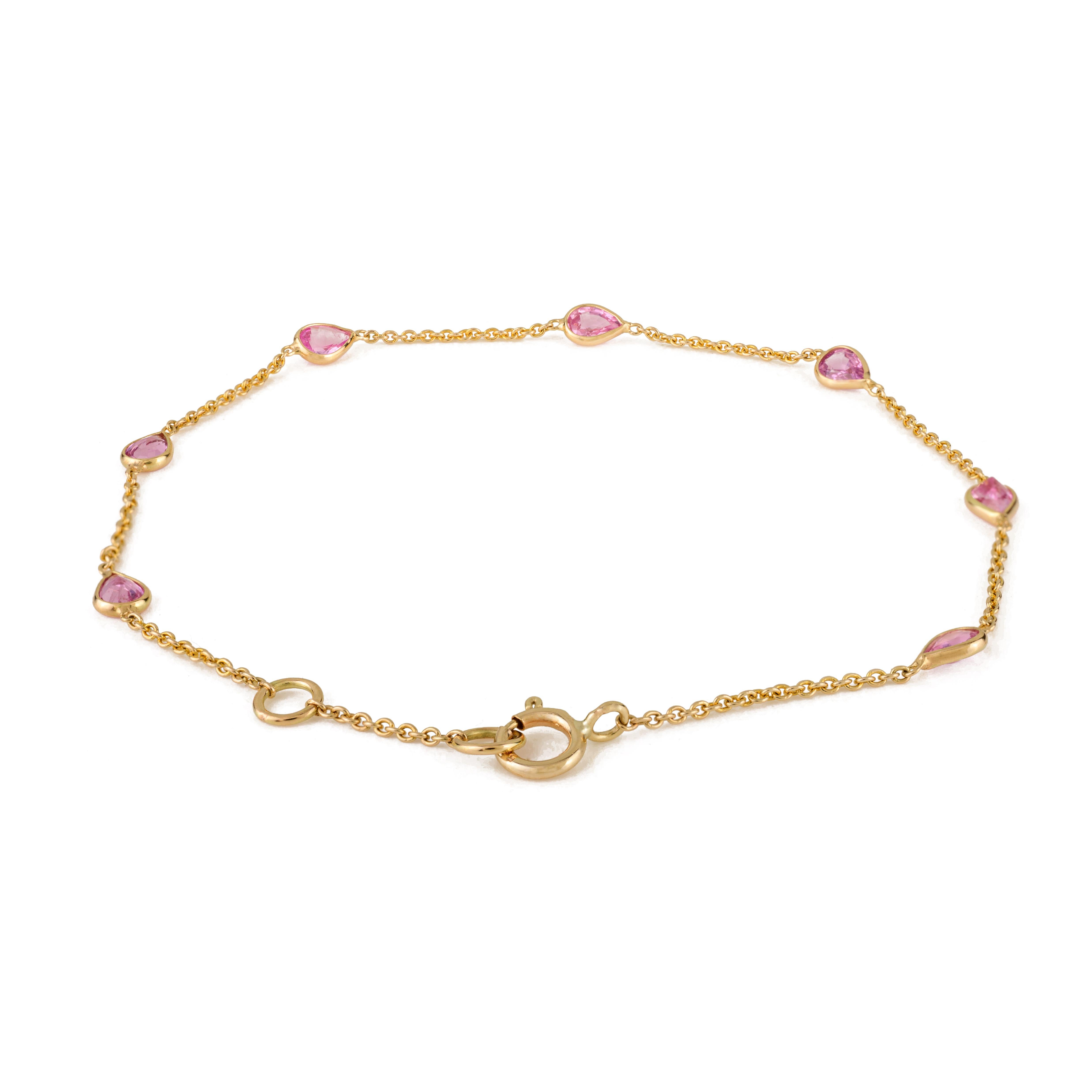 Bracciale a catena in oro giallo 14K con zaffiro rosa taglio pera Gioielli fatti a mano in vendita 1