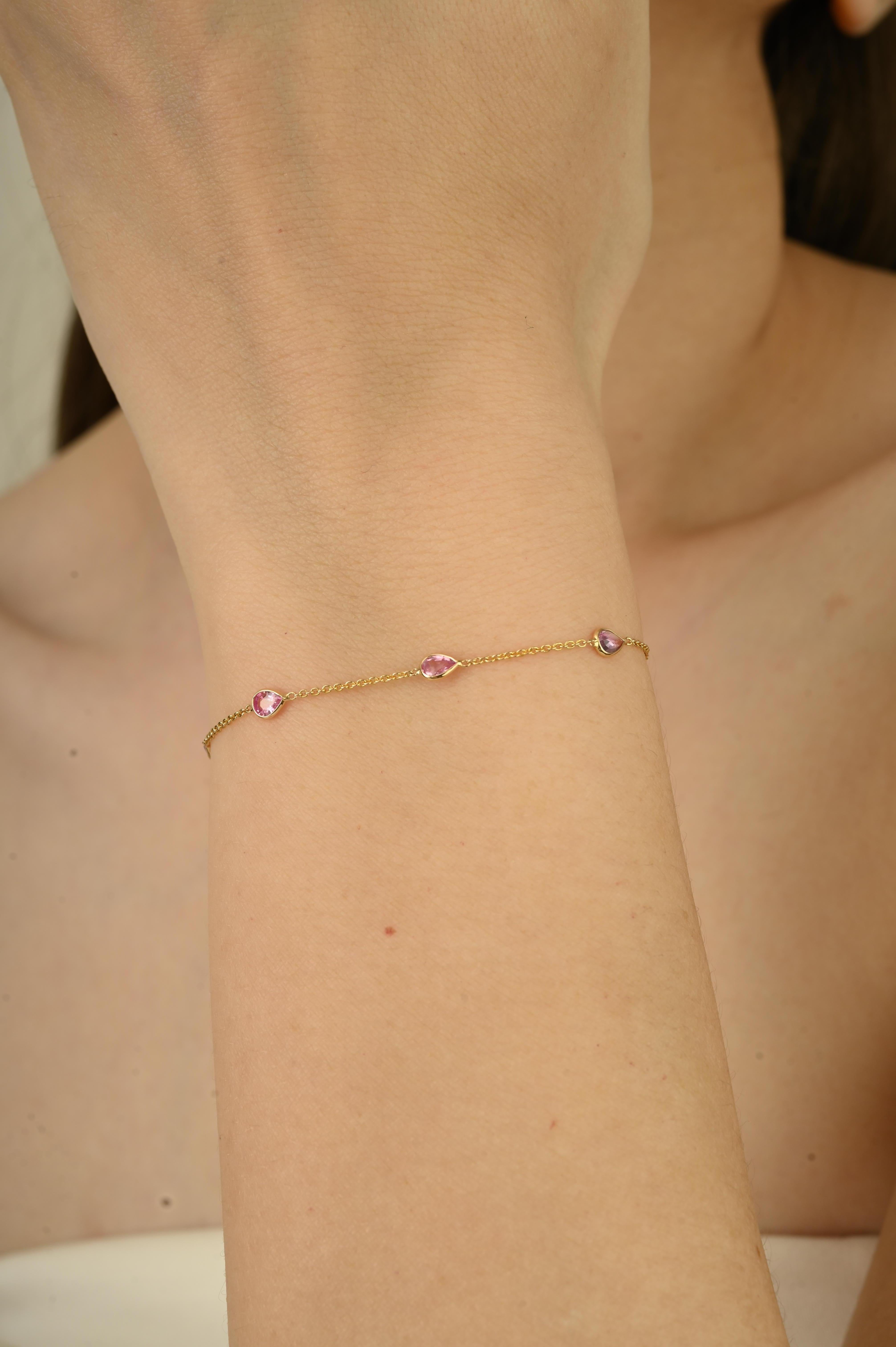 Bracciale a catena in oro giallo 14K con zaffiro rosa taglio pera Gioielli fatti a mano in vendita 2