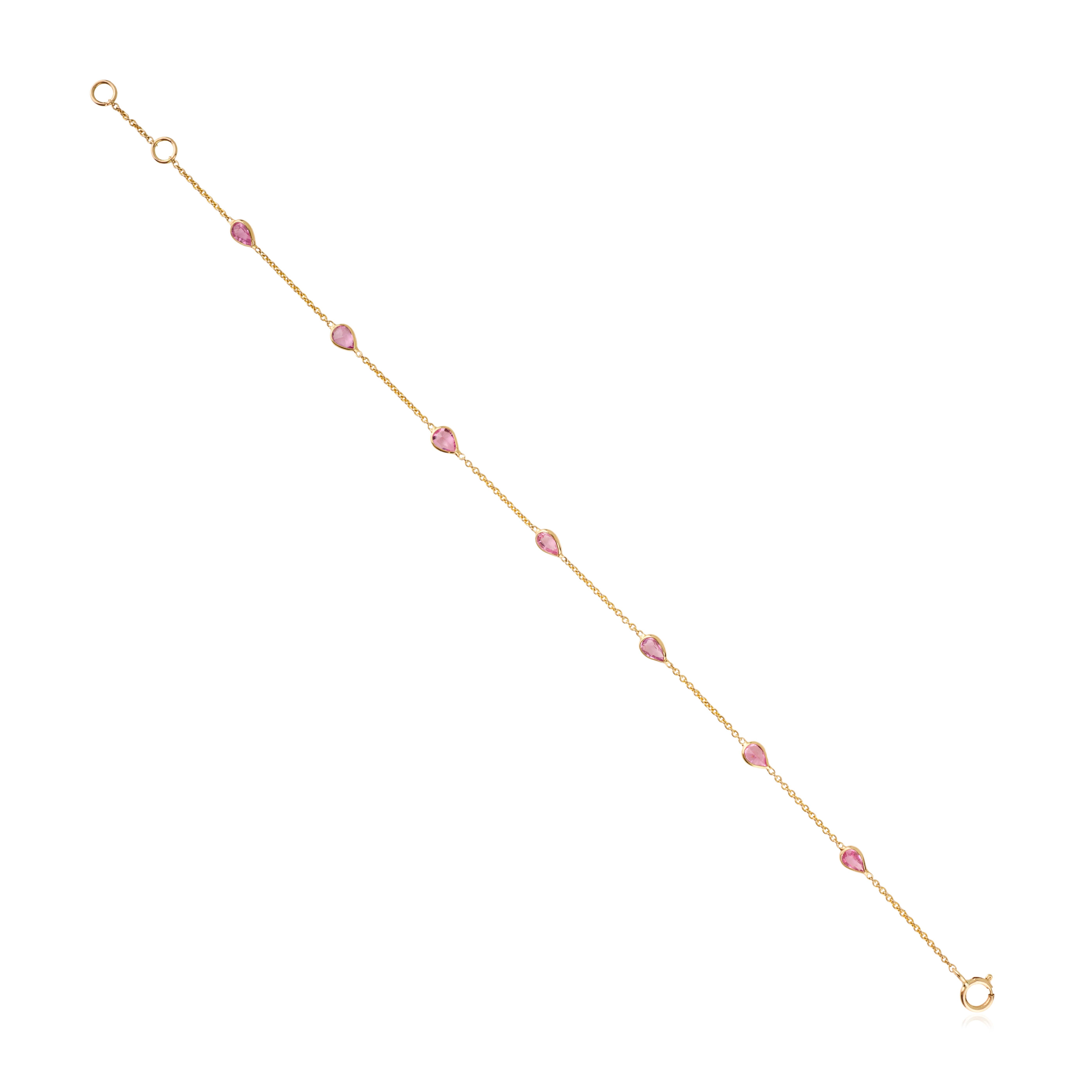 Bracciale a catena in oro giallo 14K con zaffiro rosa taglio pera Gioielli fatti a mano in vendita 3
