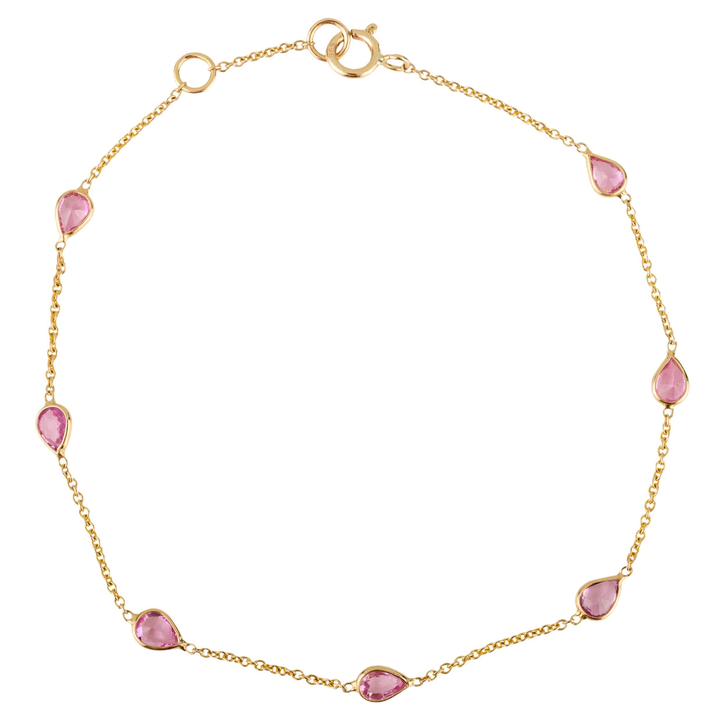 14K Yellow Gold Pink Sapphire Pear Cut Station Chain Bracelet Handmade Jewelry