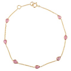 14K Yellow Gold Pink Sapphire Pear Cut Station Chain Bracelet Handmade Jewelry
