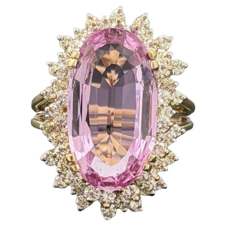 14K Yellow Gold Pink Topaz Diamond Estate 10.59 CT Halo Ballerina Cocktail Ring en vente